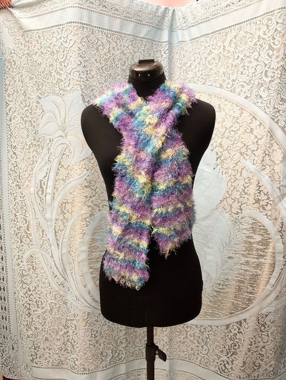Y2K Eyelash Knit Scarf Fuzzy Pastel Stripes Whimsical 2000's - Picture 1 of 4